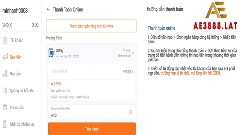 Nạp Tiền AE888 Thanh toán xong cần chụp màn hình hóa đơn